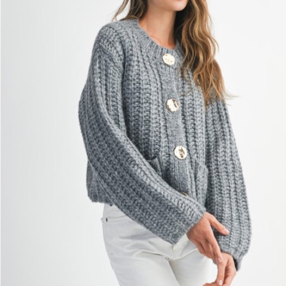 NWT Large MABLE (ANTHRO)  Gray Knit Sweater with gold buttons